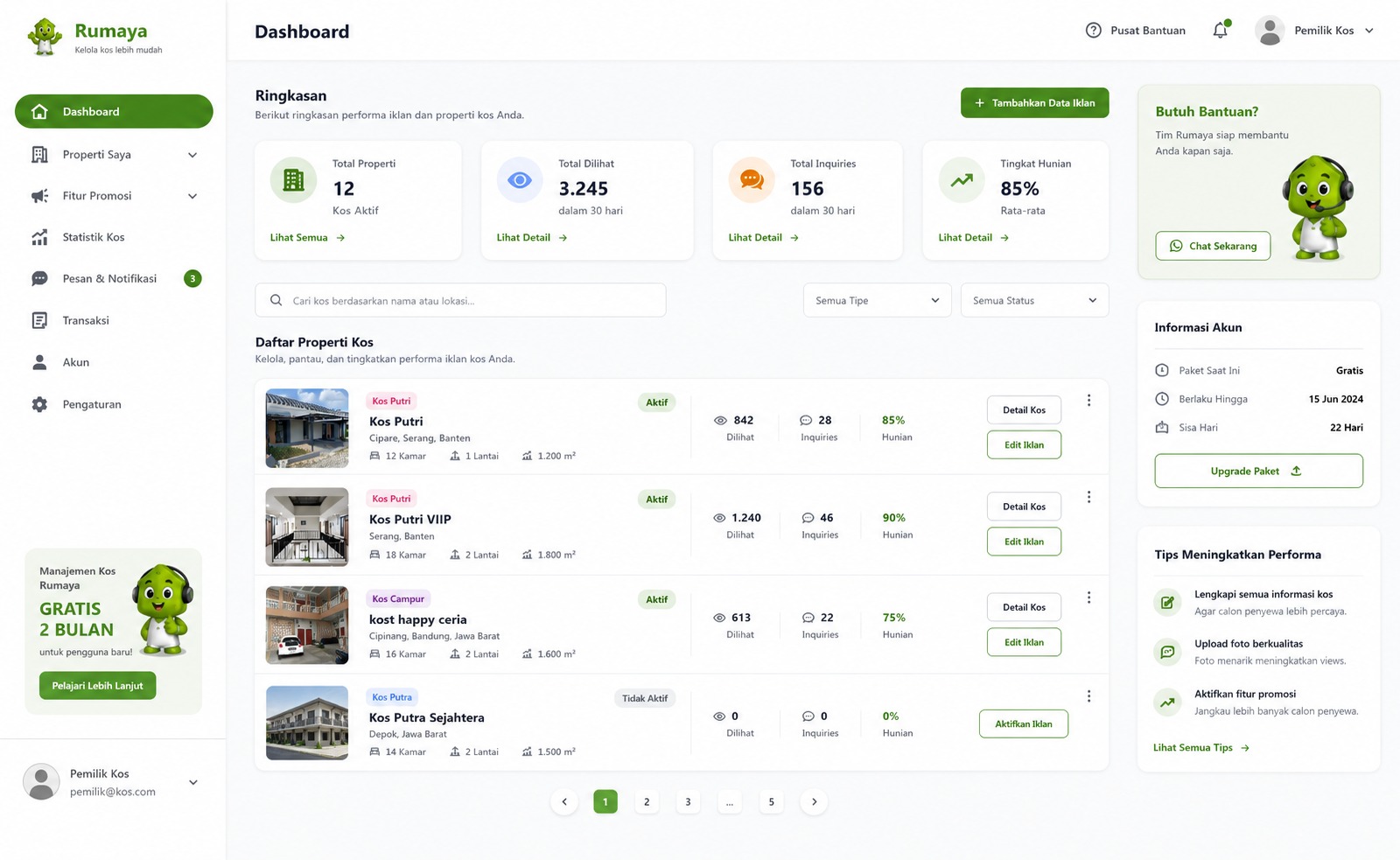 Dashboard Pemilik Kos